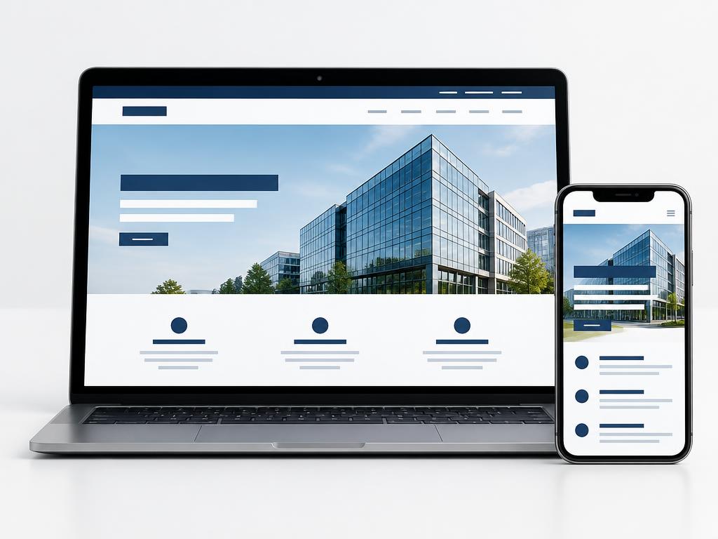 Demonstração conceitual: Site institucional para empresas, exibido em computador ou tablet e celular