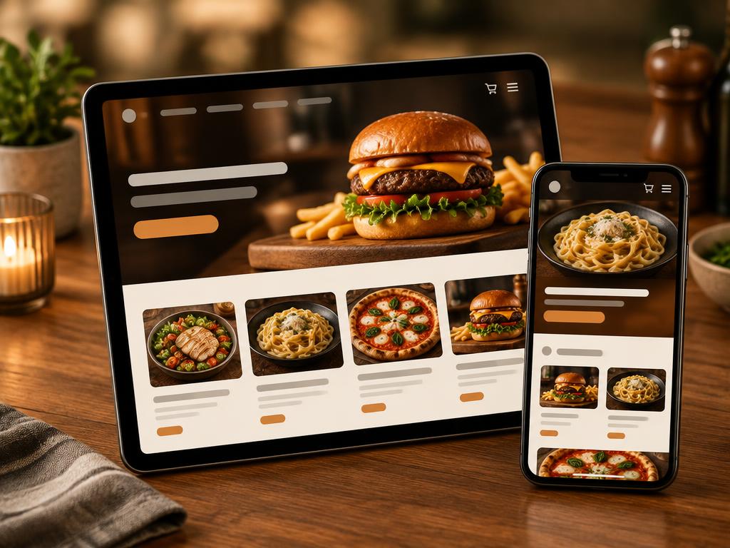 Demonstração conceitual: Site para restaurantes e delivery, exibido em computador ou tablet e celular