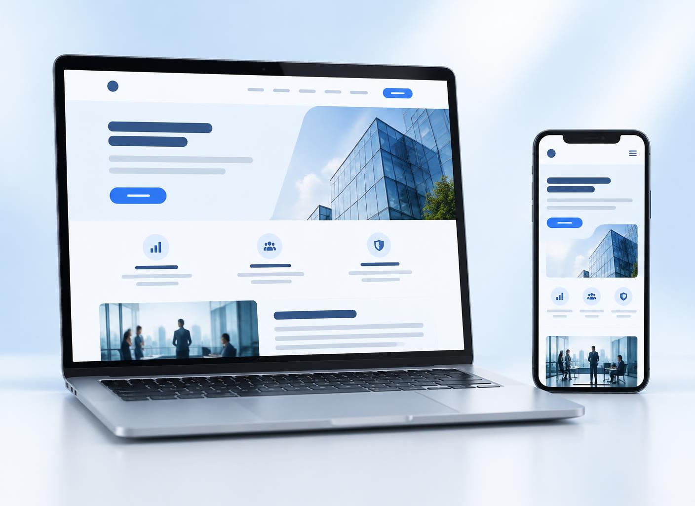 Demonstração conceitual de site empresarial em notebook e smartphone